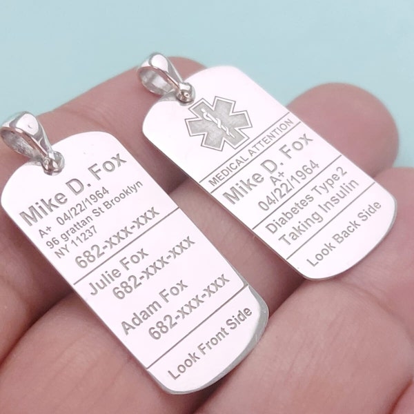 Sterling Silver Personalized Medical ID Necklace ,Two Side Medical Alert Necklace, Healty Pendant,Medical ID Charm