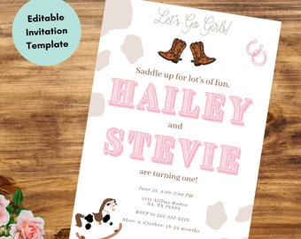 Invitación de cumpleaños de vaquera de chicas gemelas EDITABLE, plantilla de fiesta de cumpleaños de vaquera, invitación de cumpleaños occidental, edición de bricolaje con Canva