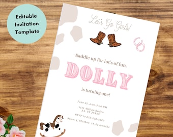 Invitación de cumpleaños de vaquera para niñas EDITABLE, plantilla de fiesta de cumpleaños de vaquera, invitación de cumpleaños occidental, edición de bricolaje con Canva
