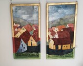 Two-piece acrylic painting, acrylic collage with partially gilded wooden frame quot Morning awakening in the village quot 2x 42 x 82 cm