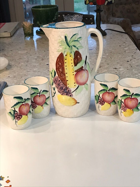 Vintage Ceramic Juice Pitcher and 4 Cups Etsy