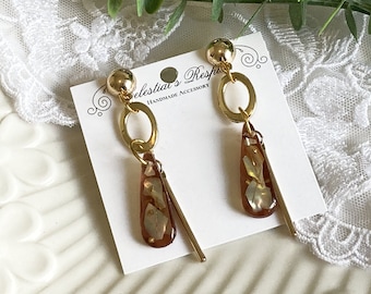 Brown Bar Dangle Gold Mother of Pearl - Earrings Jewels Gems Accessory OOAK Handmade - Ready to ship