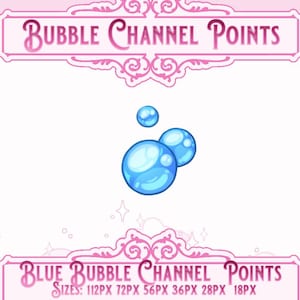 May include: A pink graphic with the text "BUBBLE CHANNEL POINTS" at the top and "BLUE BUBBLE CHANNEL POINTS" at the bottom. Three blue bubbles are in the center. The image also lists sizes.