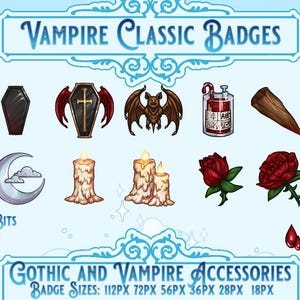 Puede incluir: Un conjunto de 10 insignias digitales con ilustraciones de temática gótica y vampírica. Las insignias incluyen un ataúd, un murciélago, un vial de sangre, una vela, una luna creciente, una rosa y una estaca. El texto "Vampire Classic Badges" y "Gothic and Vampire Accessories" está incluido en la imagen. El texto "Badge Sizes: 112PX 72PX 56PX 36PX 28PX 18PX" también está incluido en la imagen.