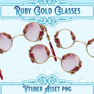 Op de afbeelding: Robijn-gouden bril met rode edelsteenaccenten en een kwast. De bril is verbonden door een gouden ketting. Vtuber Asset PNG.