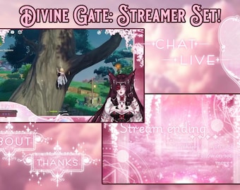 May include: A pink and white streamer set with the text "Divine Gate: Streamer Set!" and "Chat Live". The set includes a game screen, a character illustration, and decorative elements. The words "About" and "Thanks" are also visible.