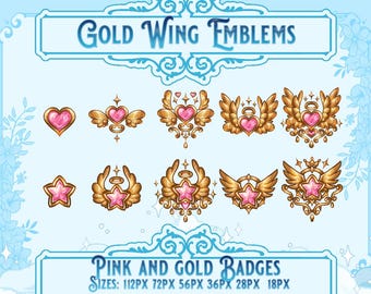 Pink Gold Hearts and Star Wing Badges: Twitch/Discord Sub Badges (10 Pack)