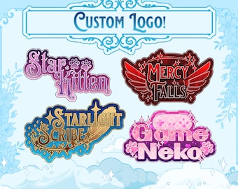 Puede incluir: Cuatro diseños de logotipos personalizados sobre un fondo azul claro. Los logotipos incluyen el texto "Custom Logo!", "Star Kitten", "Mercy Falls", "Starlight Scribe" y "Game Neko". Cada logotipo tiene un diseño único con varios colores y fuentes.