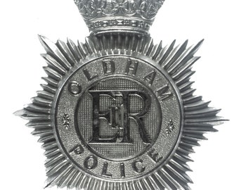 British Police Badge: Oldham Borough Police Helmet Plate. (1953-1969)