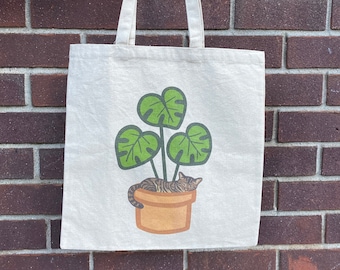 Tabby Cat in Monstera Plant Pot Cotton Canvas Tote Bag