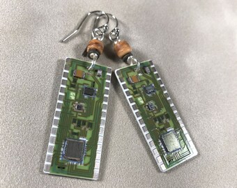 Green Ceramic Circuit Board Earrings featuring Microchips - Techie Jewelry - Geek Chic Earrings - Electrical Engineer Jewelry