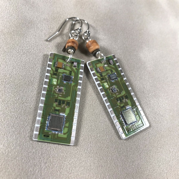 Green Ceramic Circuit Board Earrings featuring Microchips - Techie Jewelry - Geek Chic Earrings - Electrical Engineer Jewelry