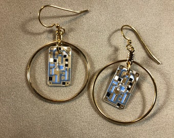 Circuit Board Earrings - Techie Gift - Gold and Blue Computer Earrings - Electronic Jewelry - Electrical Engineer Gift - Scientist Gift