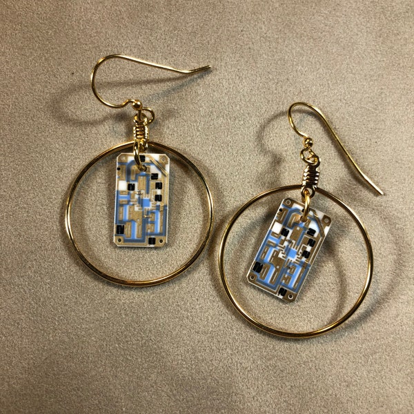 Circuit Board Earrings - Techie Gift - Gold and Blue Computer Earrings - Electronic Jewelry - Electrical Engineer Gift - Scientist Gift