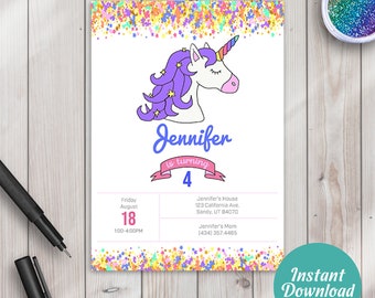 Unicorn Invitations, Unicorn Birthday Invitation, Unicorn Party Invitations  | Editable Instant Download