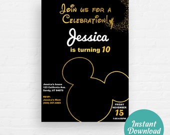May include: Black and gold birthday invitation with a Mickey Mouse silhouette and the text "Join us for a celebration! Jessica is turning 10". The invitation includes details for the event, including the date, time, and location.