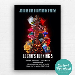 Trolls Birthday Invitation, Trolls World Tour Invitation, Trolls Invite, Trolls Poppy Invitation | Editable Instant Download