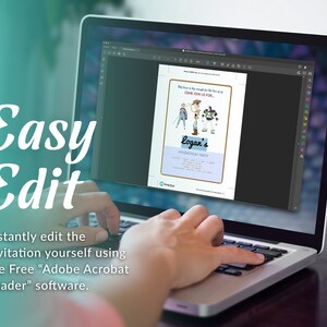May include: A laptop computer screen displaying a Toy Story themed birthday party invitation. The invitation is editable using Adobe Acrobat Reader software. The text on the invitation reads "Come join us for Logan's 4th Birthday Party".