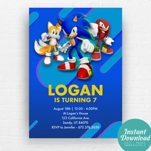 Sonic & Tails Birthday Invitation for Kids Party, Sonic The Hedgehog, Tails, Knuckles Invite | Editable Instant Download, Printable Template