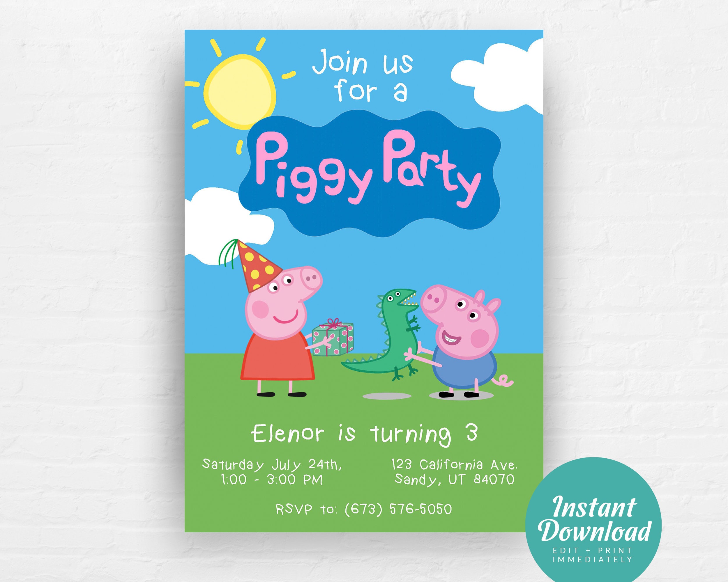 Peppa Pig Birthday Invitation, Peppa Pig Invitation, Peppa Pig Party  Invite, Piggy Party Editable Instant Download 