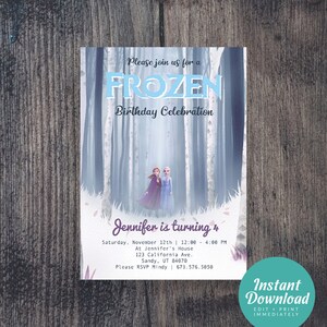 May include: A Frozen-themed birthday invitation with a blue and white background featuring a snowy forest scene with two girls in blue and purple dresses. The text reads "Please join us for a Frozen Birthday Celebration. Jennifer is turning 4. Saturday, November 12th | 12:00 - 4:00 PM. At Jennifer's House. 123 California Ave. Sandy, UT 84070. Please RSVP Mindy | 673.576.5050."