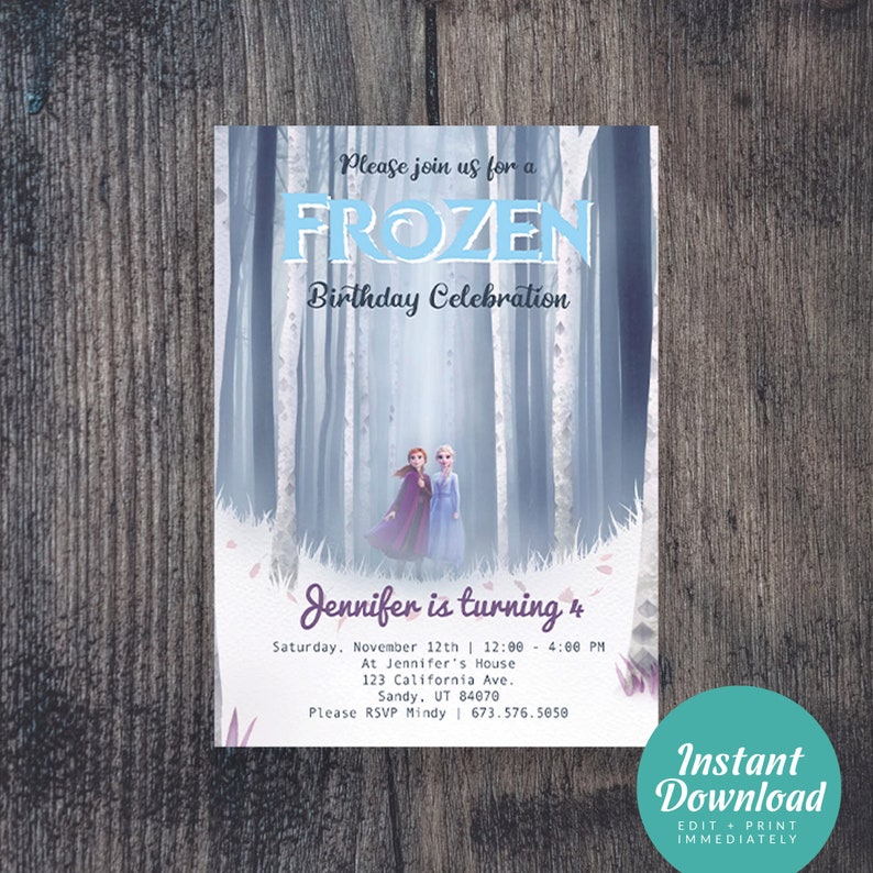 May include: A Frozen-themed birthday invitation with a blue and white background featuring a snowy forest scene with two girls in blue and purple dresses. The text reads "Please join us for a Frozen Birthday Celebration. Jennifer is turning 4. Saturday, November 12th | 12:00 - 4:00 PM. At Jennifer's House. 123 California Ave. Sandy, UT 84070. Please RSVP Mindy | 673.576.5050."