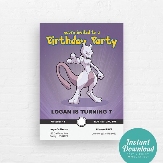 Pokemon Birthday Invitation Mewtwo Pokemon Invite Editable Instant Download