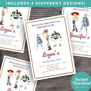 May include: Four printable invitations featuring Toy Story characters. Each invitation has a white background with a brown rope border. The invitations are for a 4th birthday party and include the child's name, date, time, and location. The text "This town is big enough for the two of us. Come join us for..." is included on three of the invitations.