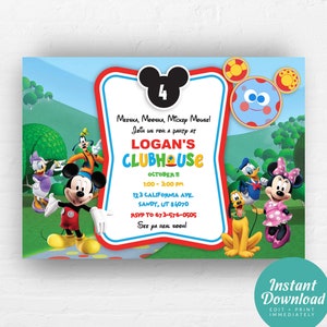 May include: A colorful invitation for a Mickey Mouse Clubhouse themed birthday party. The invitation features Mickey Mouse, Minnie Mouse, Goofy, Donald Duck, and Pluto. The text on the invitation reads "Mickey, Minnie, Mickey Mouse! Join us for a party at Logan's Clubhouse. October 11, 1:00-3:00 PM, 123 California Ave, Sandy, UT 84070, RSVP to 673-576-0505, See ya real soon!"