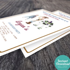 May include: A printable invitation for a 4th birthday party featuring cartoon characters from the Toy Story movie franchise. The invitation is decorated with a rope border and includes the text "Logan's 4th Birthday Party" and party details.
