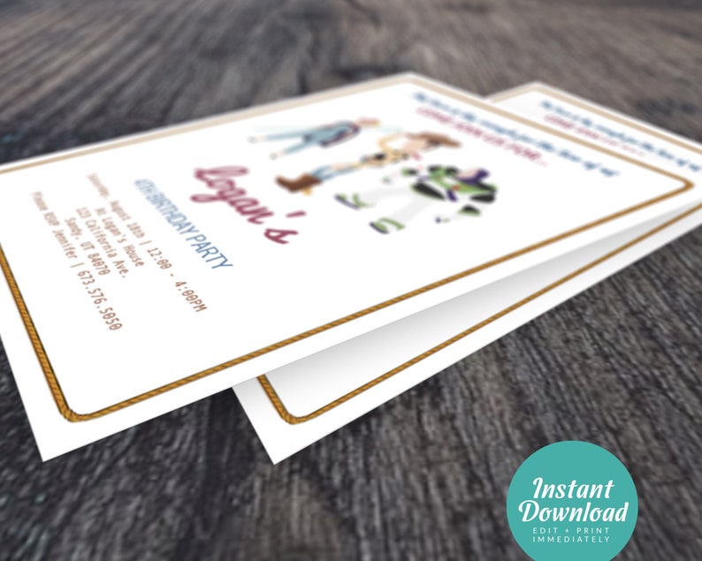 May include: A printable invitation for a 4th birthday party featuring cartoon characters from the Toy Story movie franchise. The invitation is decorated with a rope border and includes the text "Logan's 4th Birthday Party" and party details.