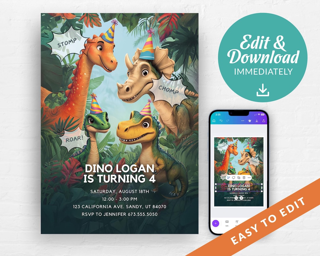 Editable Dinosaur Birthday Invitation Template | Roaring Fun Party ...