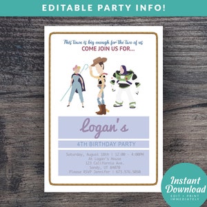 May include: A printable party invitation featuring characters from the Toy Story movie franchise. The invitation is for a 4th birthday party for a child named Logan. The invitation includes the date, time, and location of the party.