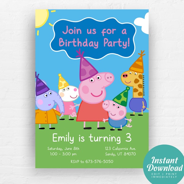 Peppa Pig Birthday Invitation, Peppa Pig Invitation, Peppa & George Pig Invite | Editable Instant Download