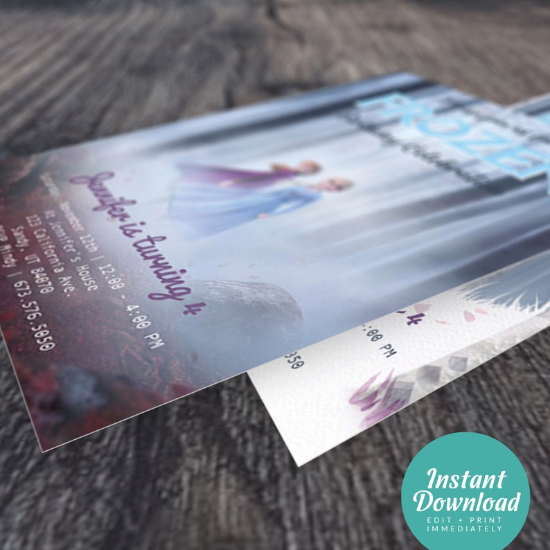 May include: A purple and blue invitation with a photo of two girls dressed as Elsa and Anna from the movie Frozen. The invitation says "[Name] is turning 4" and includes the date, time, and location of the party.