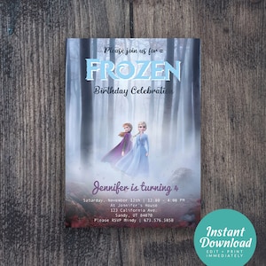May include: Frozen birthday party invitation with a blue and purple background featuring the characters Elsa and Anna from the Disney movie Frozen. The text reads "Please join us for a Frozen Birthday Celebration. Jennifer is turning 4. Saturday, November 12th 12:00 - 4:06 PM. At Jennifer's House. 123 California Ave. Sandy, UT 84070. Please RSVP Mindy 673.576.5050."