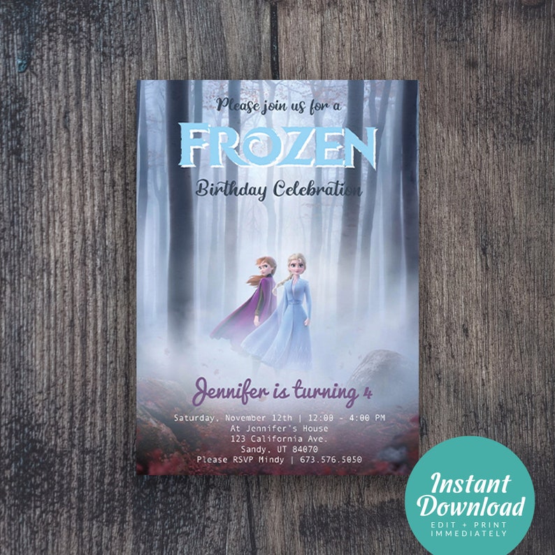 May include: Frozen birthday party invitation with a blue and purple background featuring the characters Elsa and Anna from the Disney movie Frozen. The text reads "Please join us for a Frozen Birthday Celebration. Jennifer is turning 4. Saturday, November 12th 12:00 - 4:06 PM. At Jennifer's House. 123 California Ave. Sandy, UT 84070. Please RSVP Mindy 673.576.5050."