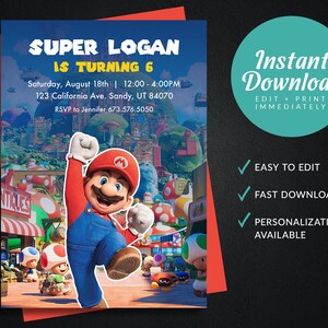 Convite de aniversário do Super Mario Bros para festa infantil | Download instantâneo editável | Modelo de convite para impressão do Super Mario Brothers