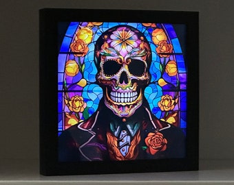 Caja de sombras con calavera de azúcar iluminada estilo vitral, decoración para el hogar, decoración otoñal, decoración del Día de Muertos, decoración de Halloween