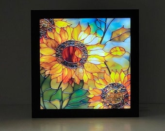 Arte mural de girasoles coloridos, girasol con patrón de vitral, caja de sombras iluminada, luz nocturna de girasol, decoración de pared de girasoles, arte floral