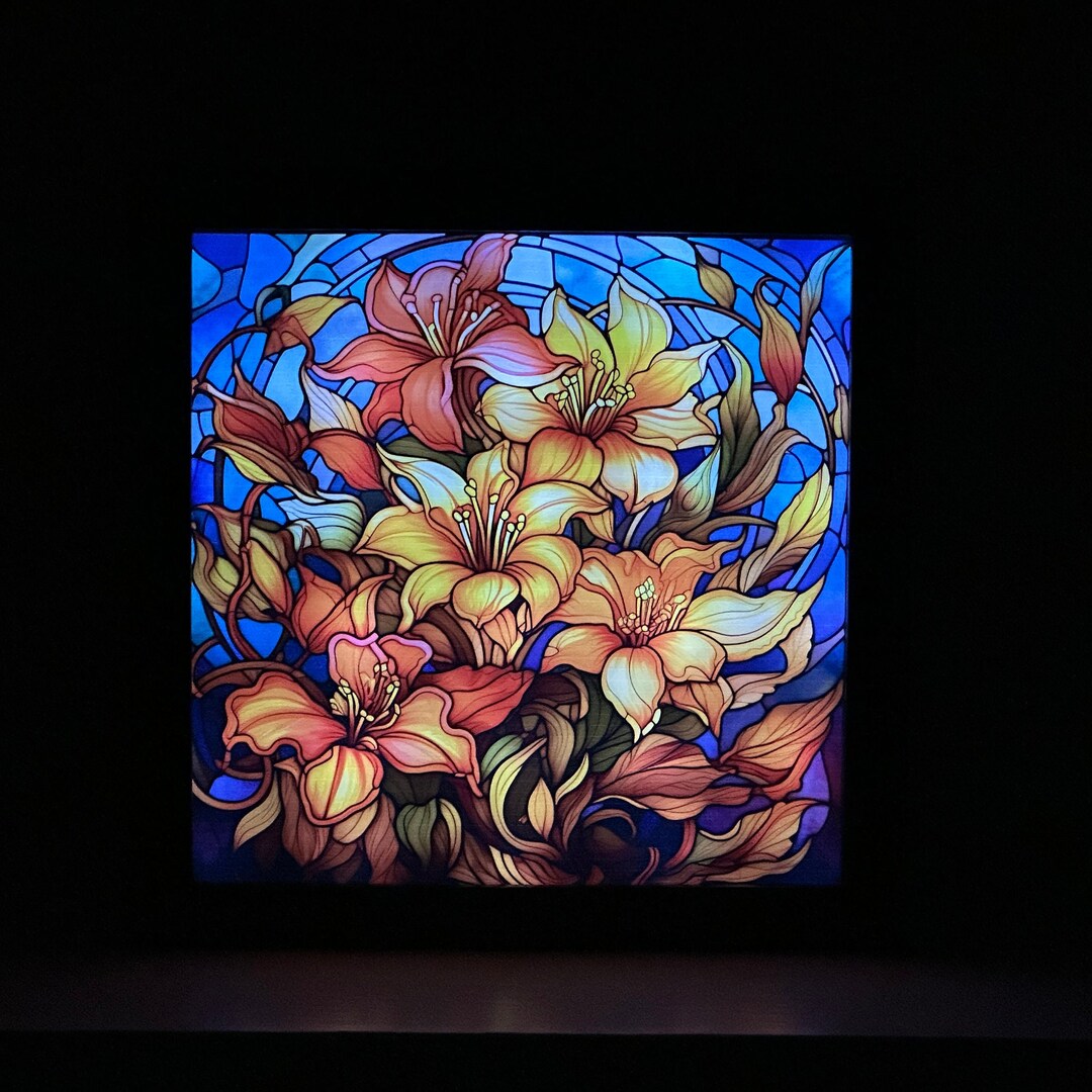 Light up Stained Glass Style Lilies Shadow Box, Fall Home Decor