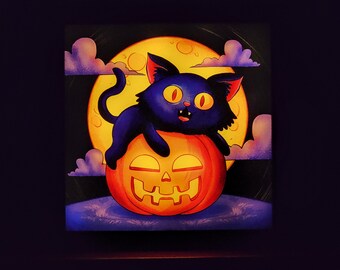 Halloween Decorations, Halloween Home Decor, Pumpkin Black Scaredy Cat, Light Up Sign, Shadow Box, Halloween Decorations Indoor