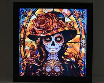 Hermosa caja de sombras de calavera de azúcar con vitrales iluminados, decoración de calaveras de azúcar, decoración de otoño, decoración del Día de los Muertos.