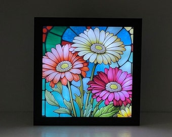 Caja de sombras iluminada con margaritas Gerber y diseño de vitral, decoración floral, decoración de margaritas, arte de vitral, luz nocturna de flores