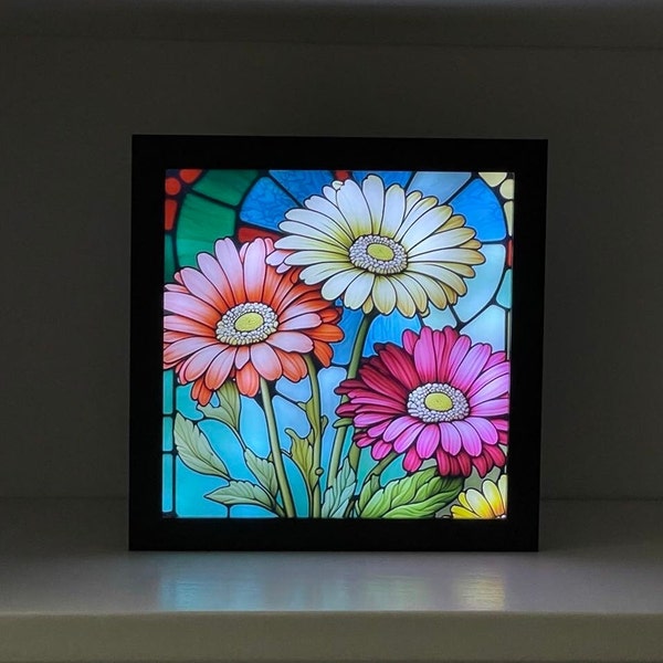 Light Up Gerber Daisy Shadow Box with Stained Glass Style Design, Floral Decor, Daisy Decor, Stained Glass Art, Flower Night Light