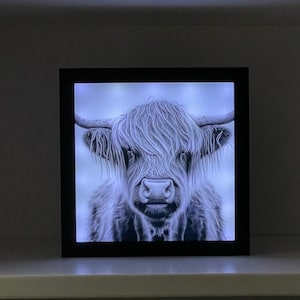 Light Up Highland Cow Shadow Box, Black and White Farmhouse Decor, Cow Art, Farm Decor, Highland Cow Picture, House Warming Gift