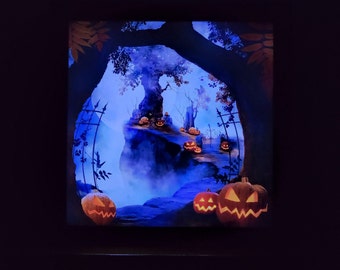 Decoraciones de Halloween, Decoración del hogar de Halloween, Bosque embrujado con calabazas espeluznantes, Letrero luminoso, Caja de sombras, Decoraciones de Halloween para interiores
