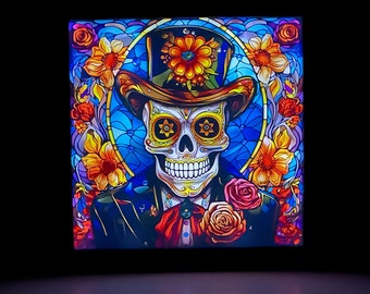 Caja de sombras con calavera de azúcar iluminada estilo vitral, decoración para el hogar, decoración otoñal, decoración del Día de Muertos, decoración de Halloween