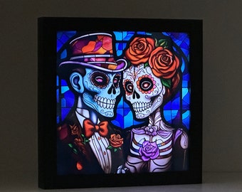 Caja de sombras iluminada estilo vitral con forma de pareja de calaveras de azúcar, pareja de calaveras de azúcar, decoración otoñal, decoración del Día de los Muertos, decoración de pared de Halloween.