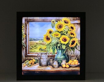 Ramo de girasoles iluminado, Girasoles, Girasoles rústicos, Decoración floral, Luz nocturna de flores, Decoración otoñal, Decoración de girasoles, Arte de girasoles